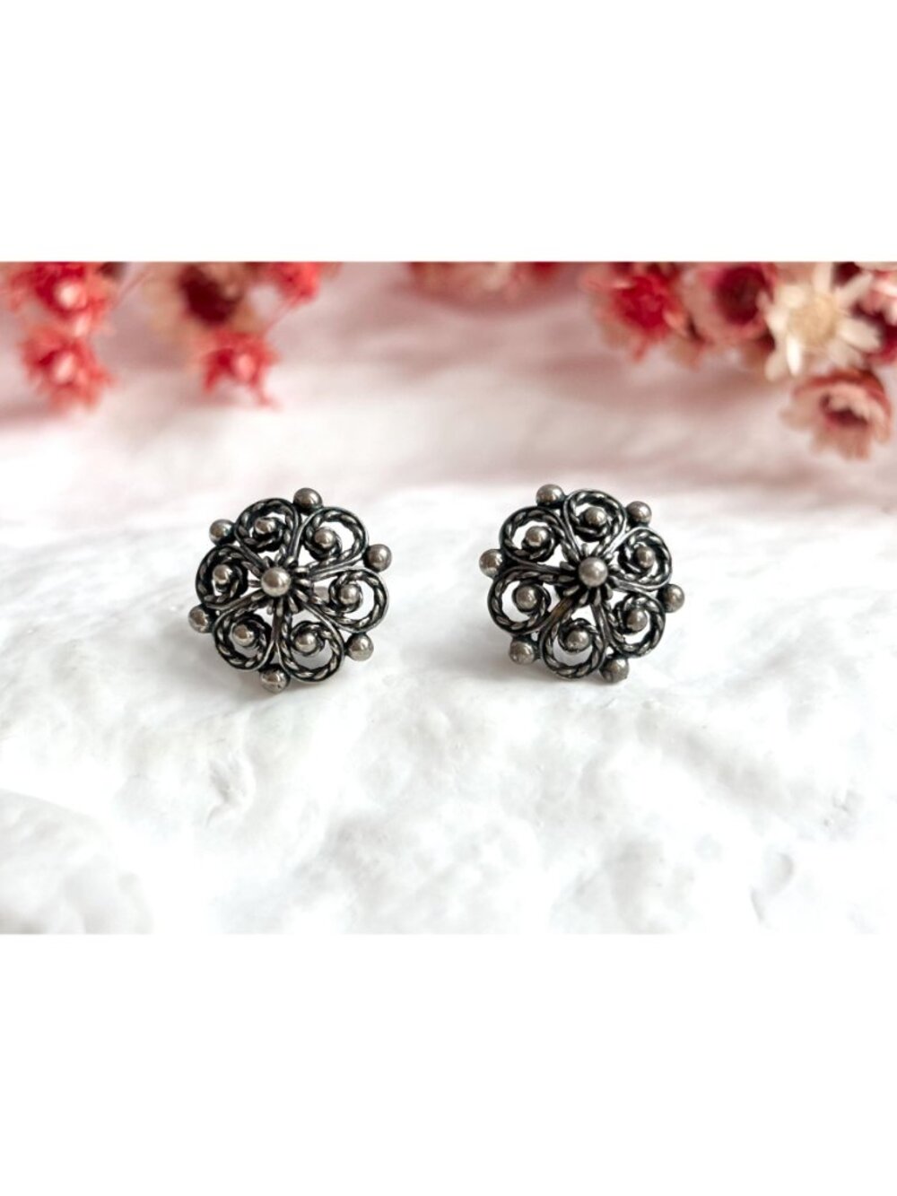 Telemark by Sylvsmidja 830 Oxidized Vintage Silver Stud Post Back Earrings - Picture 2 of 10